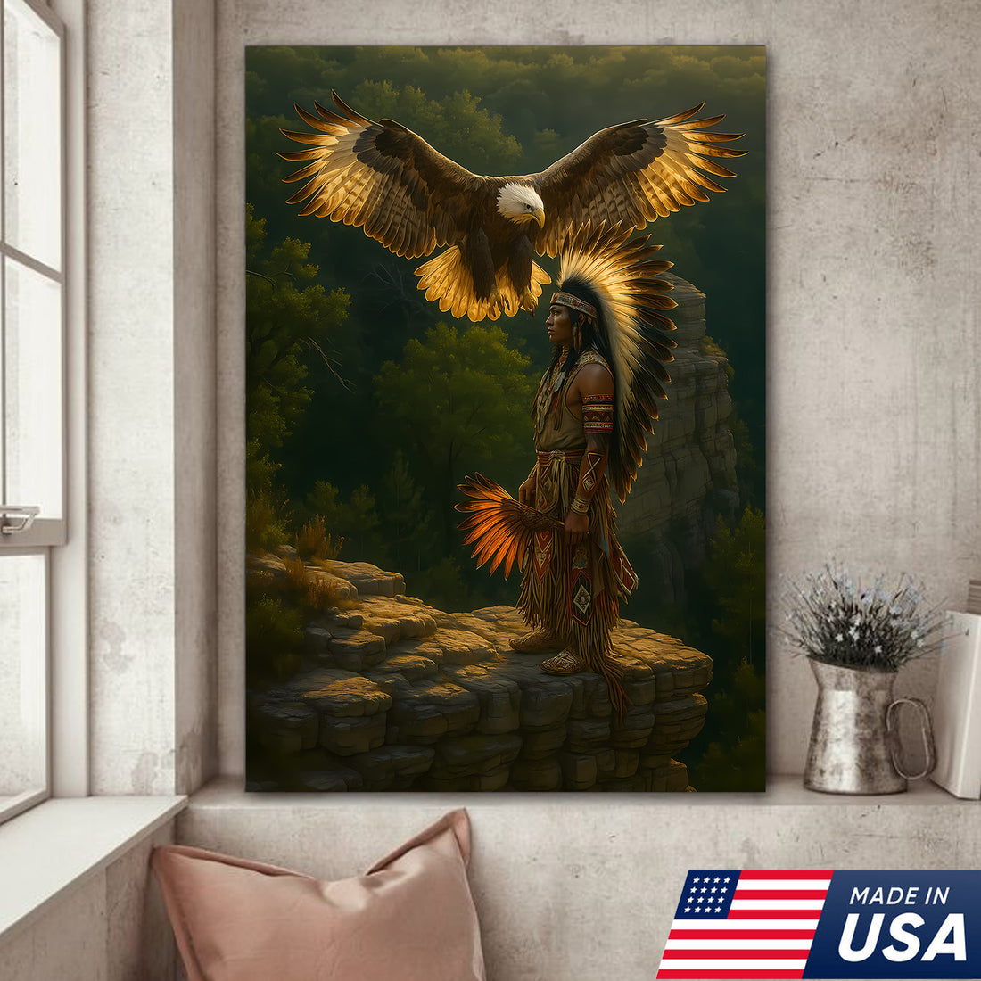 Native American with Bald Eagle Canvas Wall Art, Southwestern Nature Print, Rustic Western Home Decor