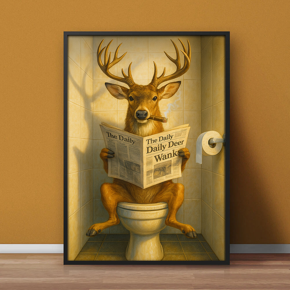 Funny Deer on Toilet Canvas – Quirky Animal Art Print with Smoking and Newspaper for Unique Wall Decor