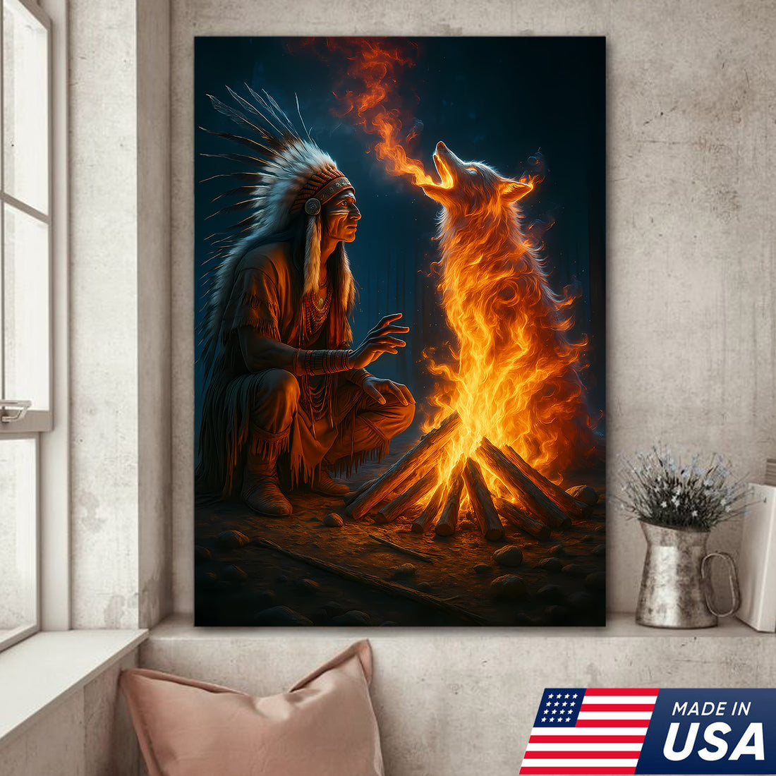 Native American Chief and Fire Wolf Canvas, Spirit Animal Campfire Art Print, Rustic Western Cabin Wall Decor
