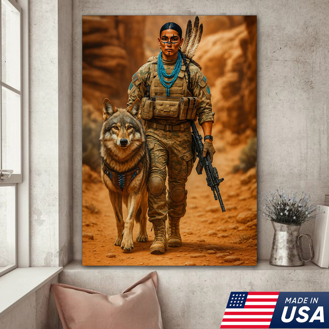Native Warrior and Wolf Desert Canvas Wall Art, Southwestern Tribal Soldier Spirit Animal Print, Wolf Lover Rustic Wall Decor