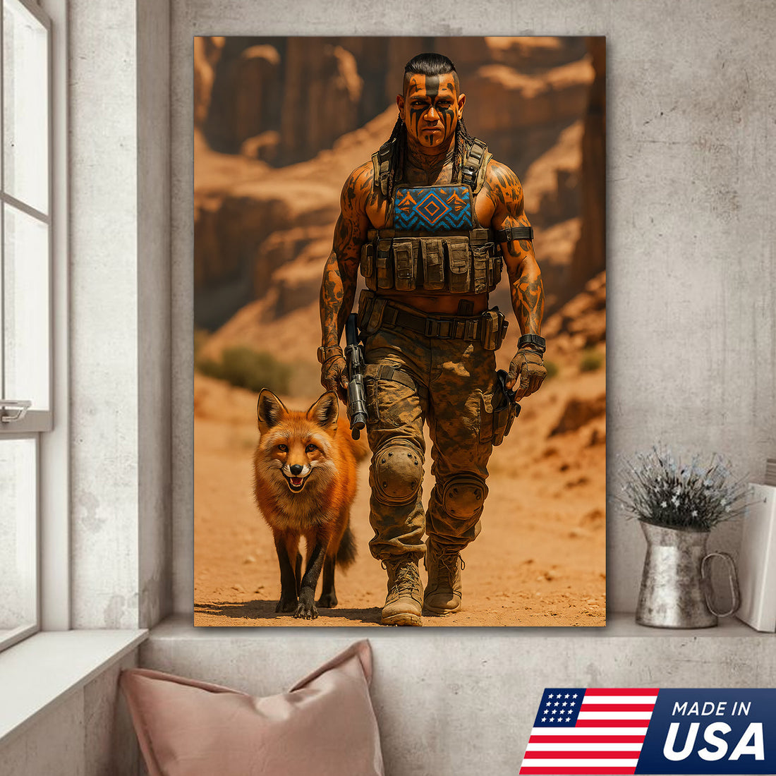 Native Warrior With Fox Canvas Wall Art, Desert Tribal Soldier Spirit Animal Artwork, Southwestern Fox Lover Rustic Wall Decor