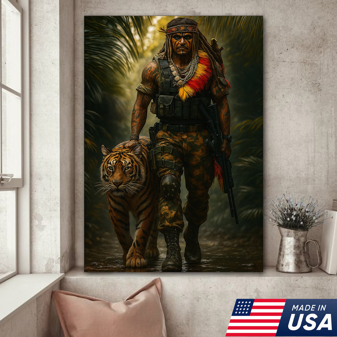 Jungle Warrior With Tiger Canvas Wall Art, Native Tactical Soldier Spirit Animal Poster, Tribal Jungle Home Decor Print