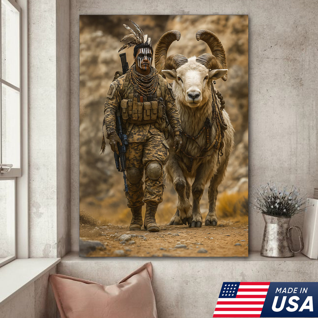 Native Warrior With Ram Canvas Wall Art, Tactical Desert Soldier Spirit Animal Print, Majestic Bighorn Sheep Western Man Cave Decor