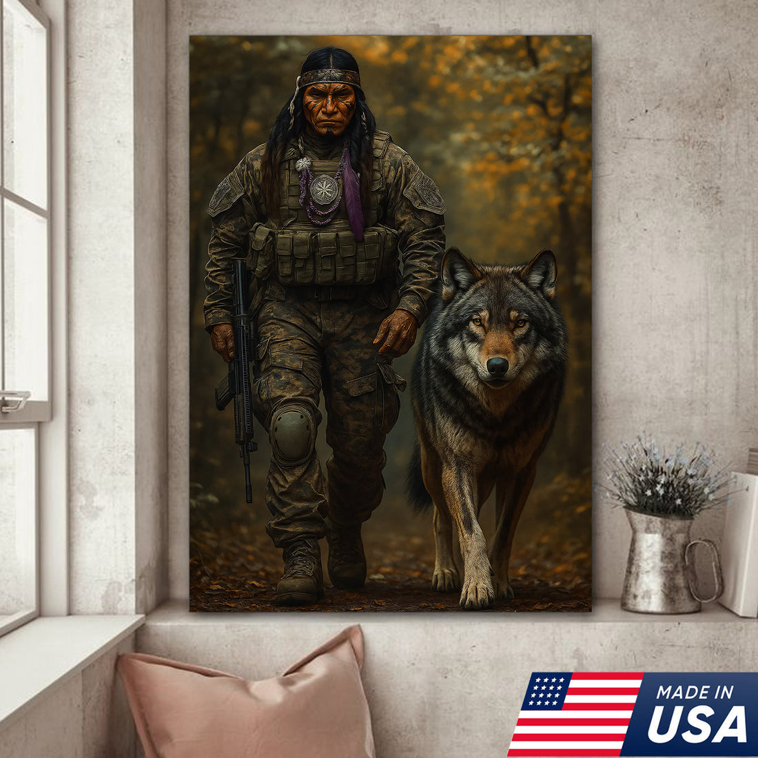 Native Forest Guardian With Wolf Canvas Wall Art, Tactical Tribal Warrior Spirit Guide Poster, Rustic Woodland Wolf Pack Home Decor