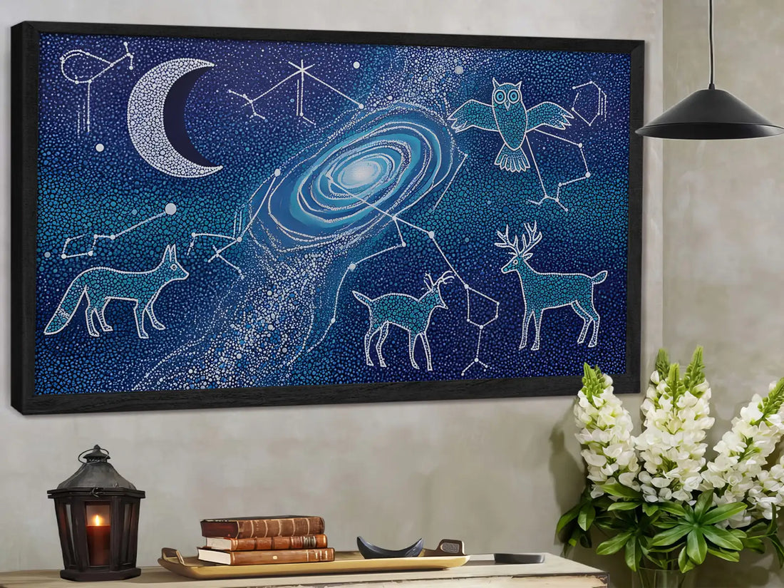 Indigenous Canvas Wall Art, Galaxy Moon Animal Constellation Painting, Spiritual Home Decor