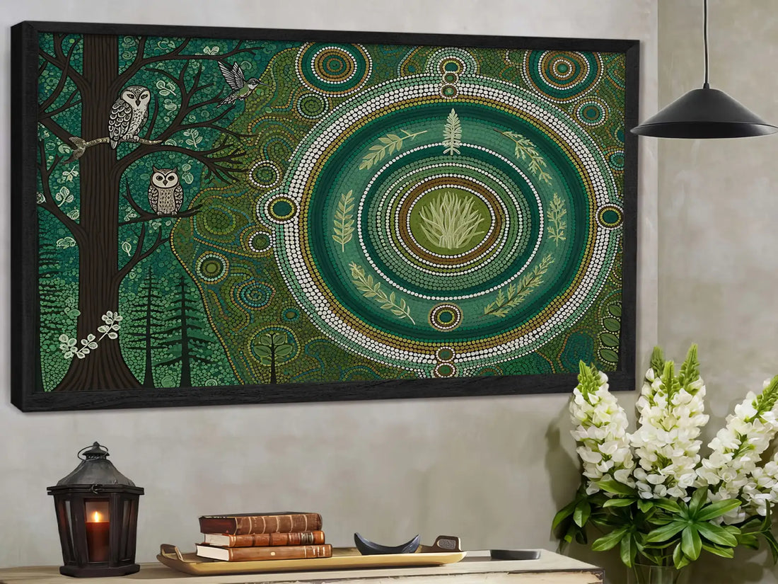Indigenous Canvas Wall Art, Tribal Owl And Nature Mandala, Green Forest Decor