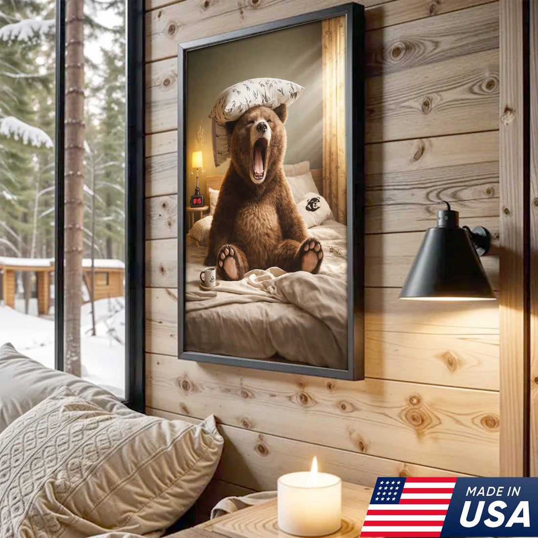 Funny Sleepy Bear Canvas Wall Art, Yawning Bear in Bed Cozy Bedroom Animal Art, Humorous Home Decor Gift