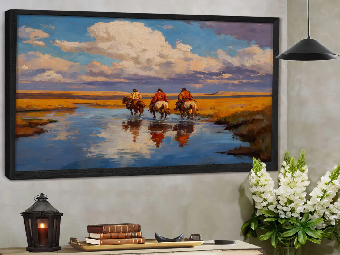 Riders Crossing River Decor, Native American Western Landscape Canvas Wall Art