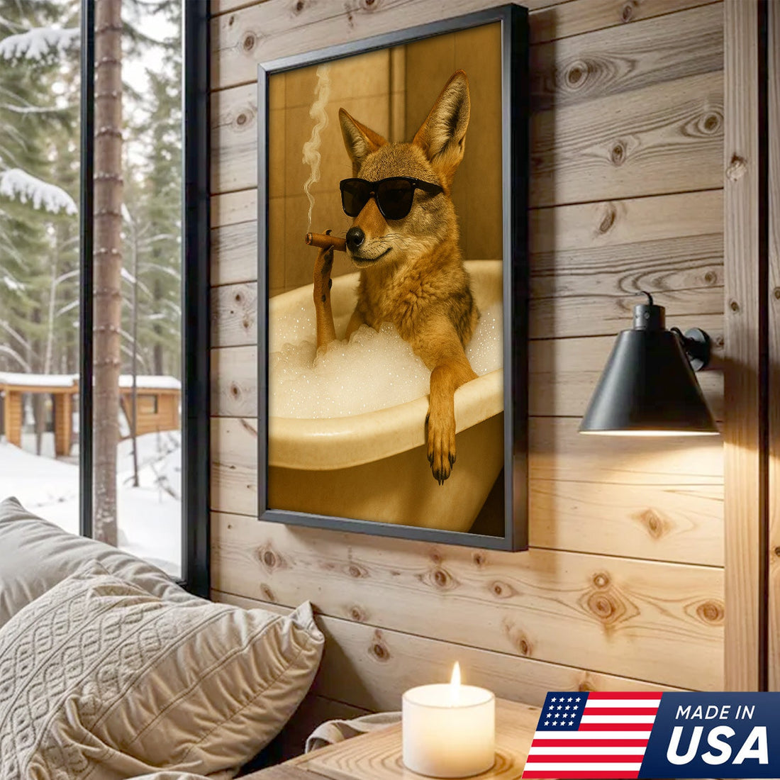 Cool Coyote in Bathtub Canvas – Funny Bathroom Wall Art for Rustic Cabin, Lodge & Man Cave Gift Decor