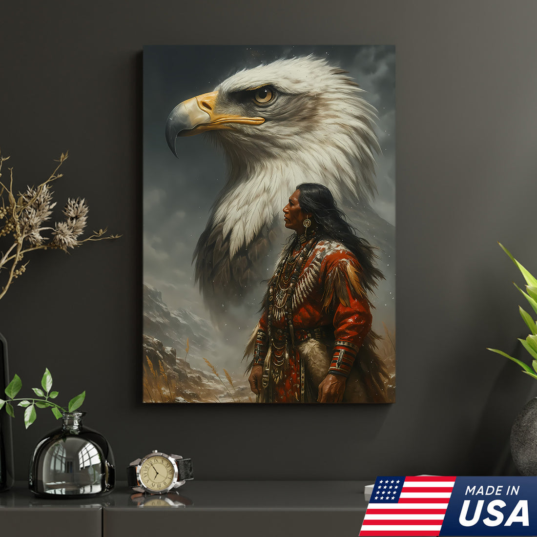 Native American Warrior & Bald Eagle Canvas Wall Art, Indigenous Spirit Animal Poster, Rustic Western Home Decor