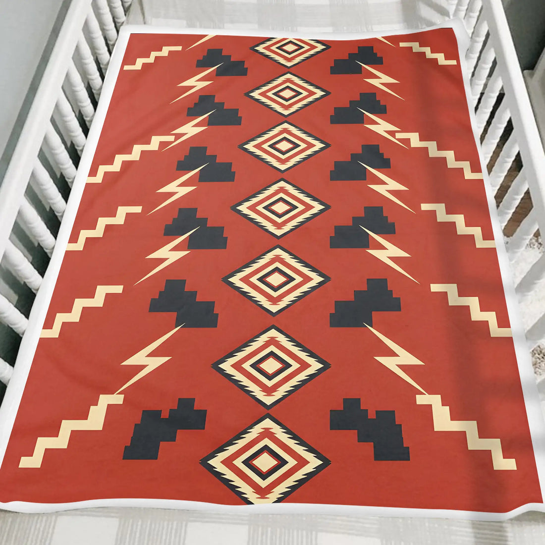 Red Tribal Throw, Bold Geometric Lightning And Diamond Pattern Blanket