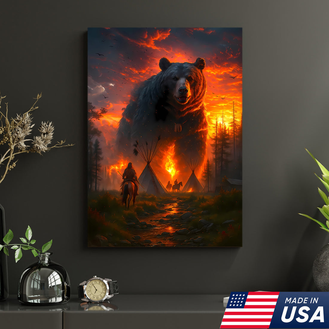 Giant Spirit Bear Canvas Wall Art, Native American Sunset Teepee Scene, Western Rustic Lodge Decor