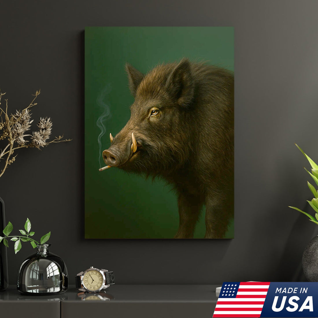 Wild Boar Canvas Wall Art – Rustic Hunting Lodge Decor – Nature Inspired Cabin Artwork