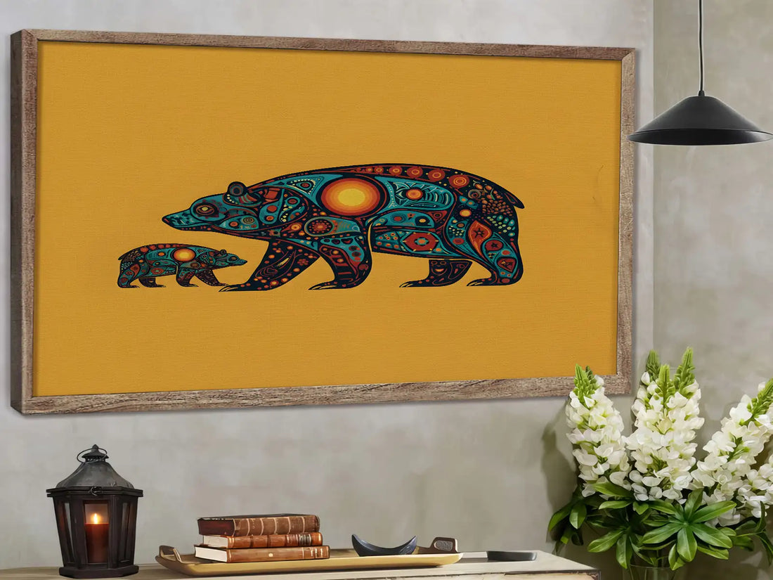 Woodland Style Bear Family Symbolic Canvas Decor, Native American Wall Art