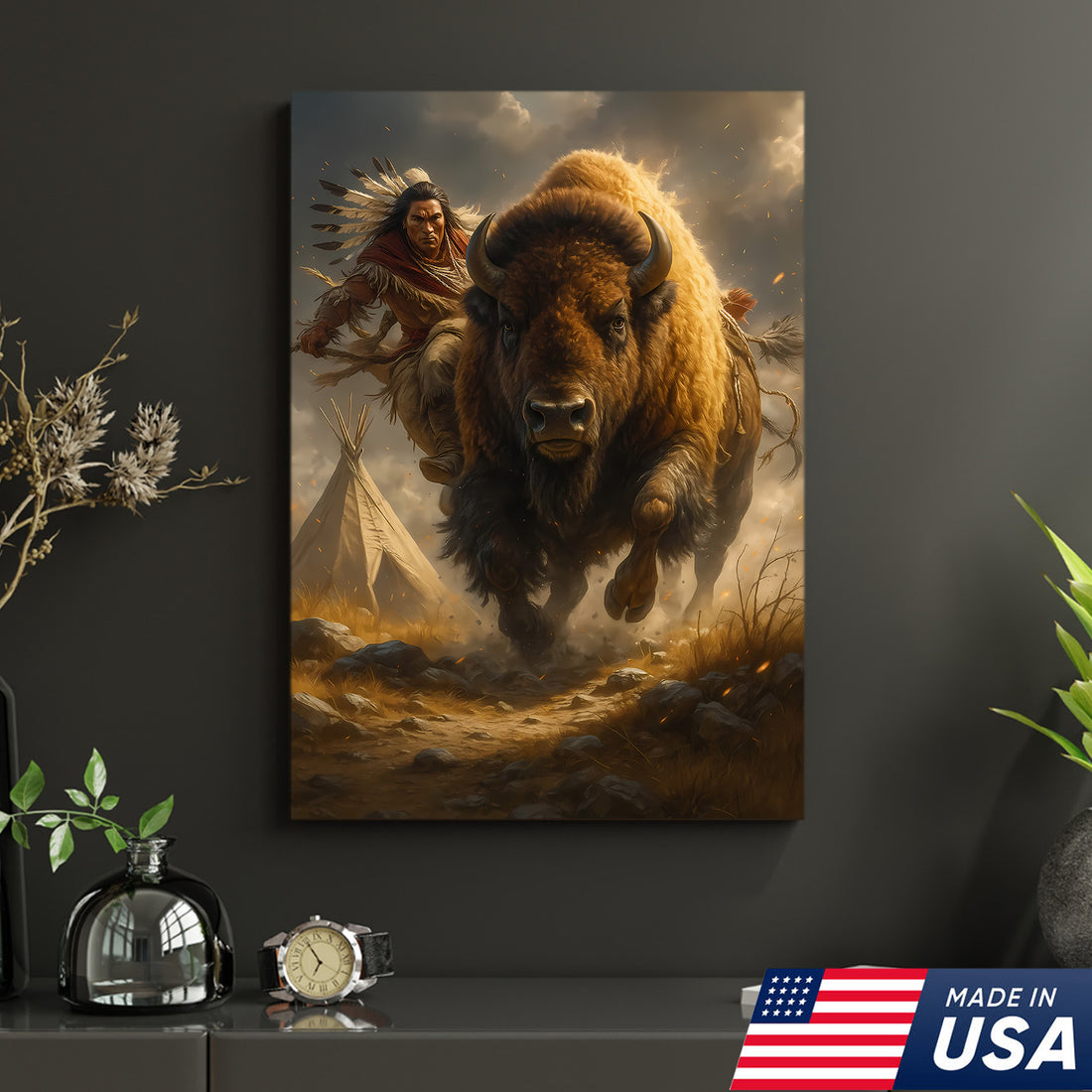 Charging Bison Canvas Wall Art, Native American Rider Western Print, Rustic Lodge & Cabin Decor