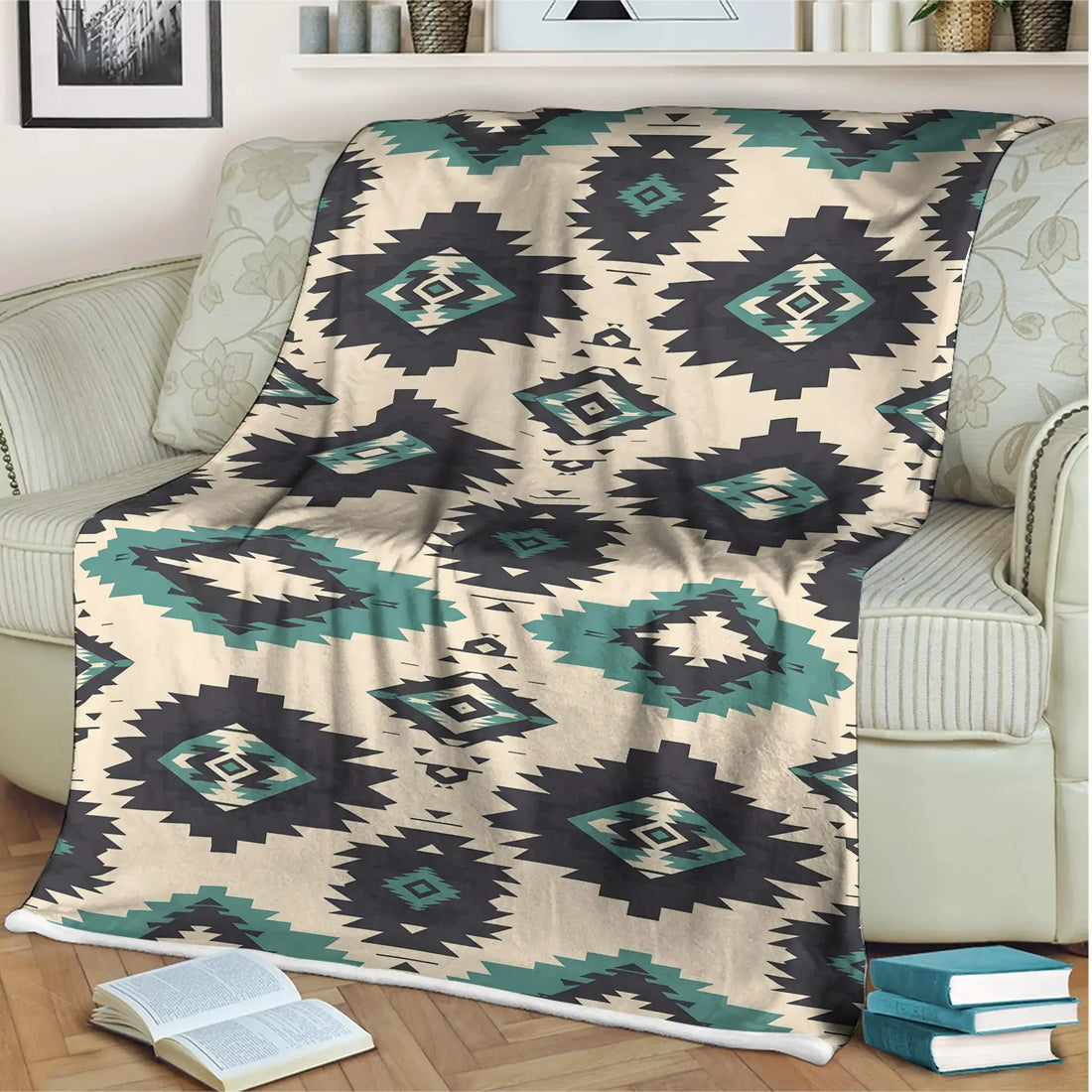 Native America Throw Blanket, Teal Diamond Tribal Motif, Cozy Bed Cover