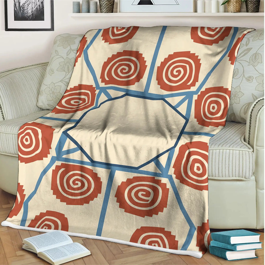 Spiral Symbol Pattern, Beige Red Throw Native America Blanket