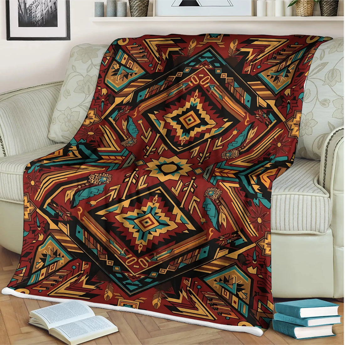 Geometric Native America Blanket, Bold Red Diamond Design for Bedroom Decor