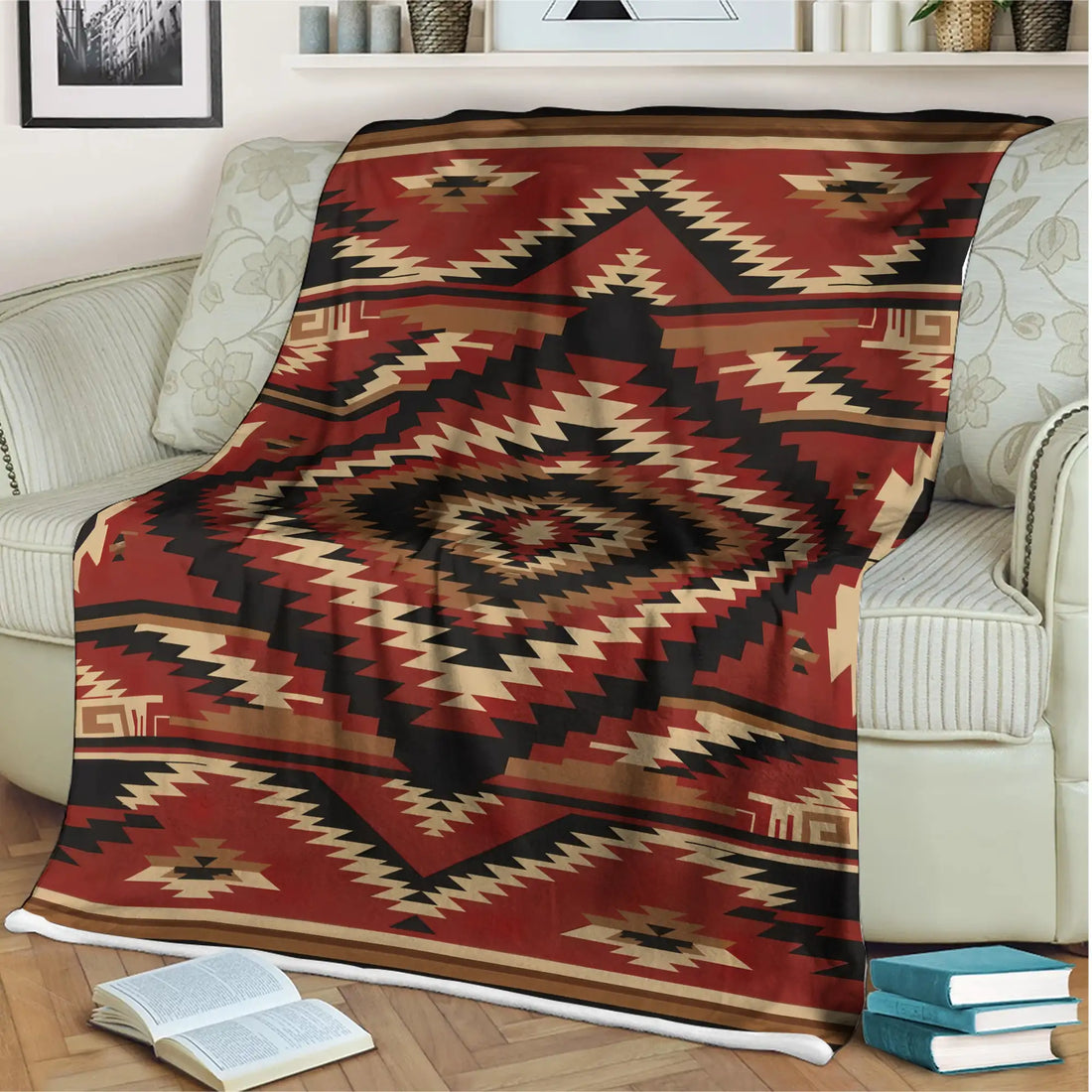 Indigenous Geometric Blanket, Red Diamond Pattern Cozy Home Throw