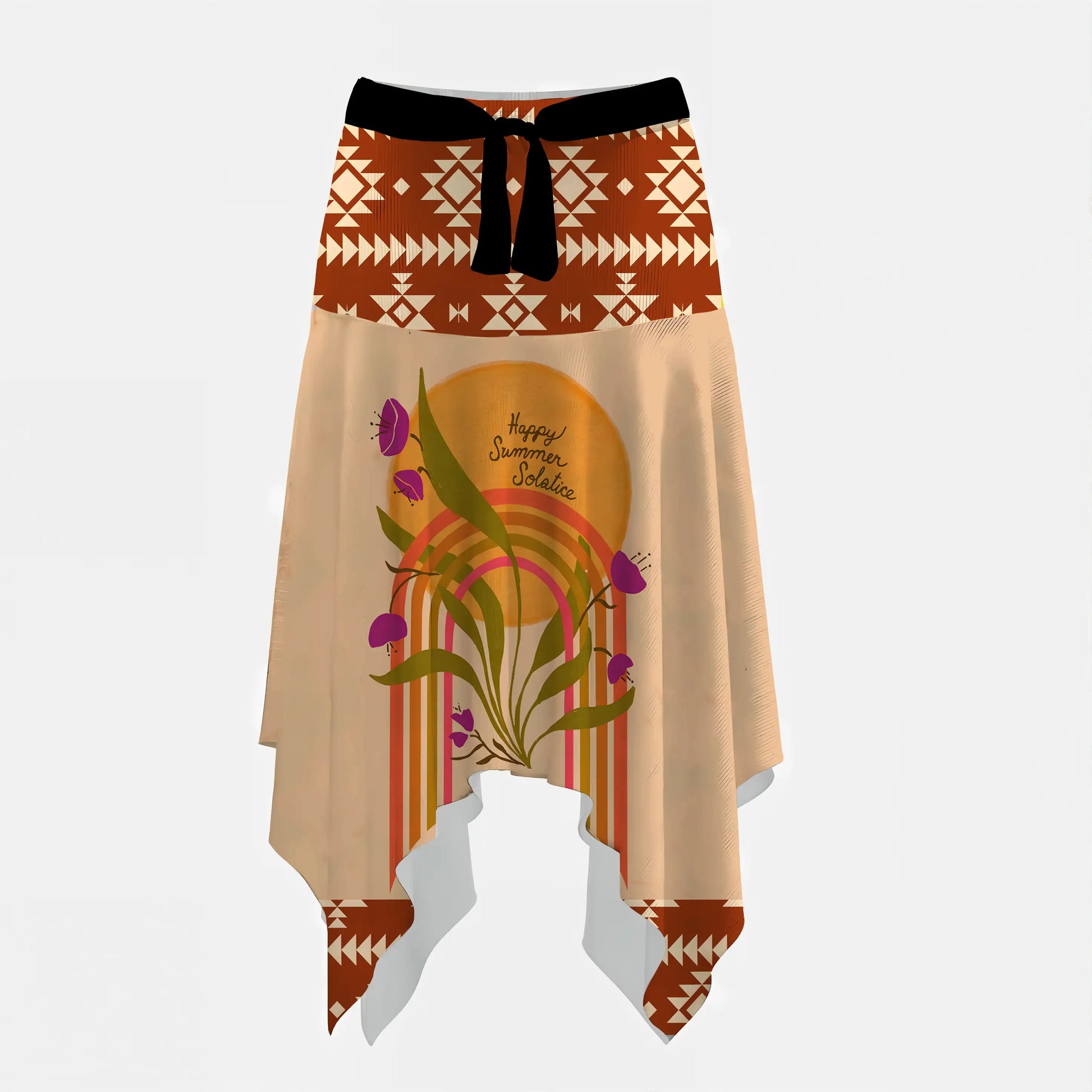 Handkerchief-cut skirt with bold geometric patterns and sunrise-floral design