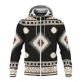 Close-up shot of the jacket’s front showing large diamond-shaped tribal pattern in cream and taupe on a black background, with a visible zipper and hood lining.