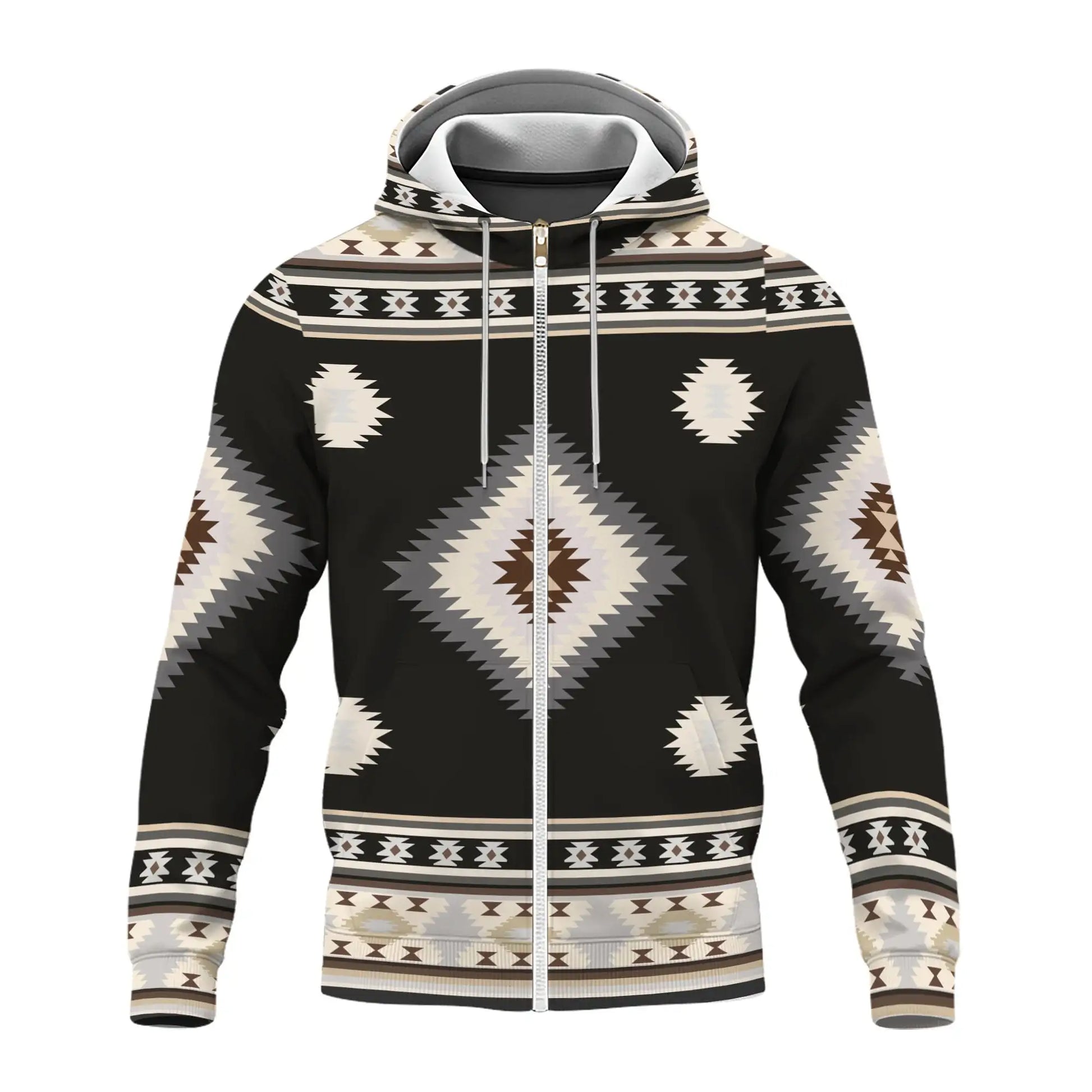 Close-up shot of the jacket’s front showing large diamond-shaped tribal pattern in cream and taupe on a black background, with a visible zipper and hood lining.