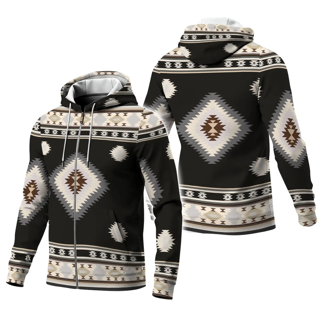 A woman wearing a Authentic Pattern Southwestern Tribal Fleece Jacket – Warm & Stylish