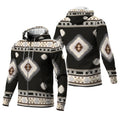 Front and back views of a fleece jacket featuring bold Southwestern tribal motifs in black, cream, and taupe, with a full zipper, hood, and integrated pockets.