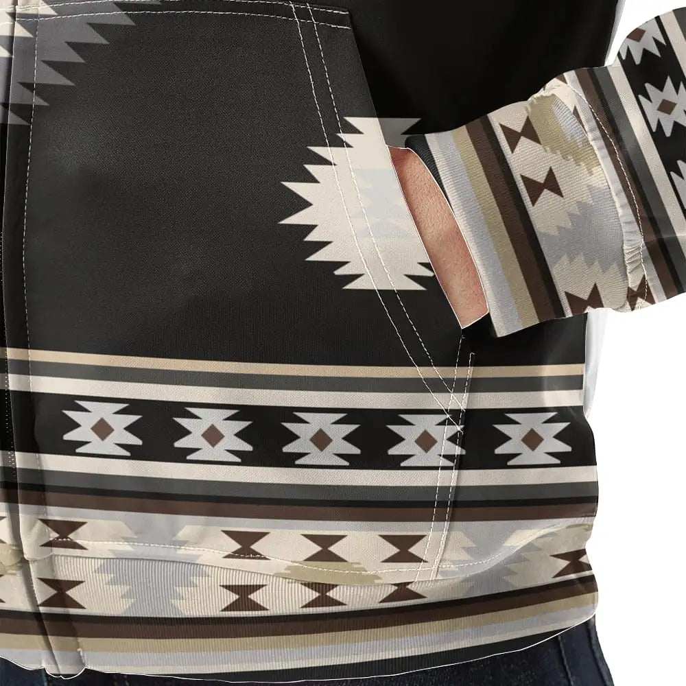 Detailed close-up of the kangaroo pocket area showing contrasting tribal stripes and diamond accents in subdued cream, taupe, and black on the fleece fabric.