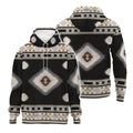 Front and back views of a pullover-style hoodie displaying the same black, cream, and taupe Southwestern tribal diamonds and stripes, with kangaroo pocket and drawstring hood.