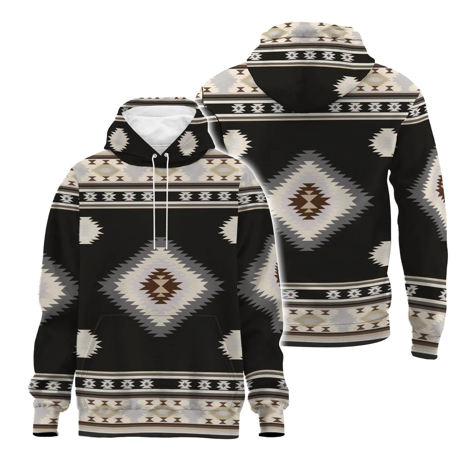 Front and back views of a pullover-style hoodie displaying the same black, cream, and taupe Southwestern tribal diamonds and stripes, with kangaroo pocket and drawstring hood.