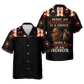 Front and back view of a black button-up Hawaiian shirt. The back of the shirt prominently displays a graphic of a Native American elder's profile adorned with feathers, alongside the text 