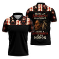 Front and back view of a black polo shirt featuring a graphic of a Native American elder's profile with feathers. The text reads 