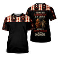 Front and back view of a black T-shirt. The back features a striking graphic of a Native American elder's profile with feathers. Accompanying text reads 