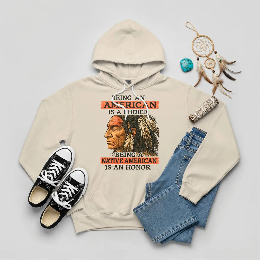 Beige hoodie with Native American-inspired design, honoring the strength of heritage.