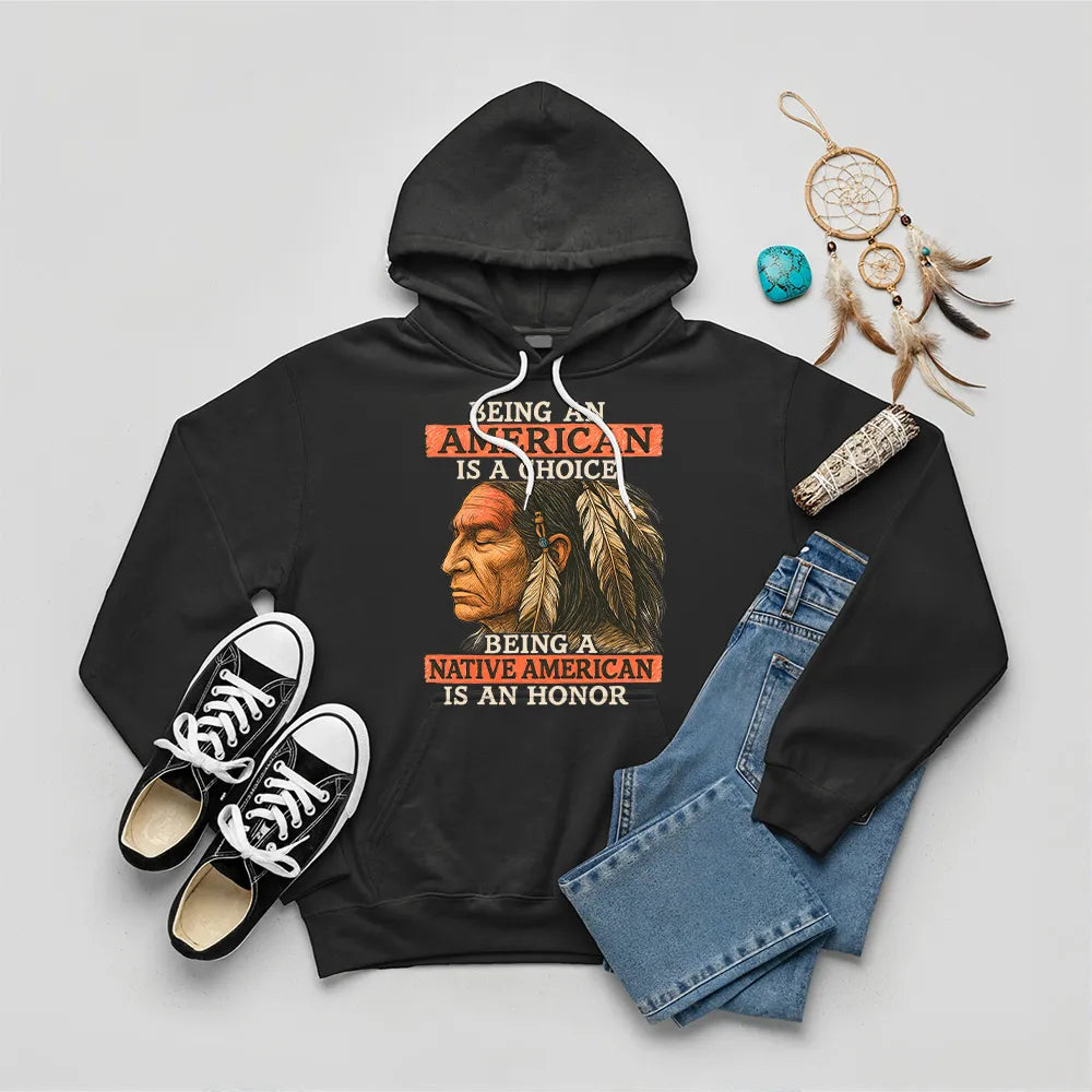 Black hoodie with a Native American design, reflecting strength, pride, and choice.