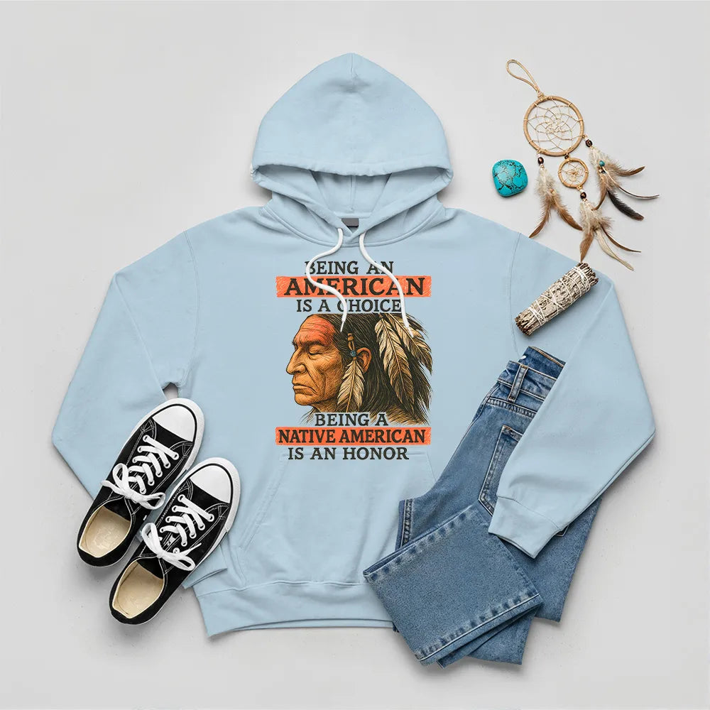Blue hoodie featuring a Native American-inspired design, reflecting heritage and honor.