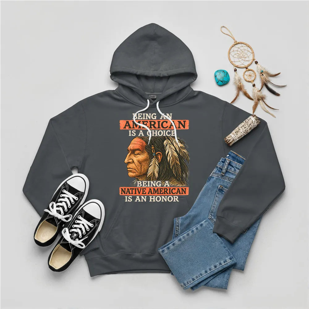Charcoal hoodie featuring Native American design, symbolizing cultural pride and unity.