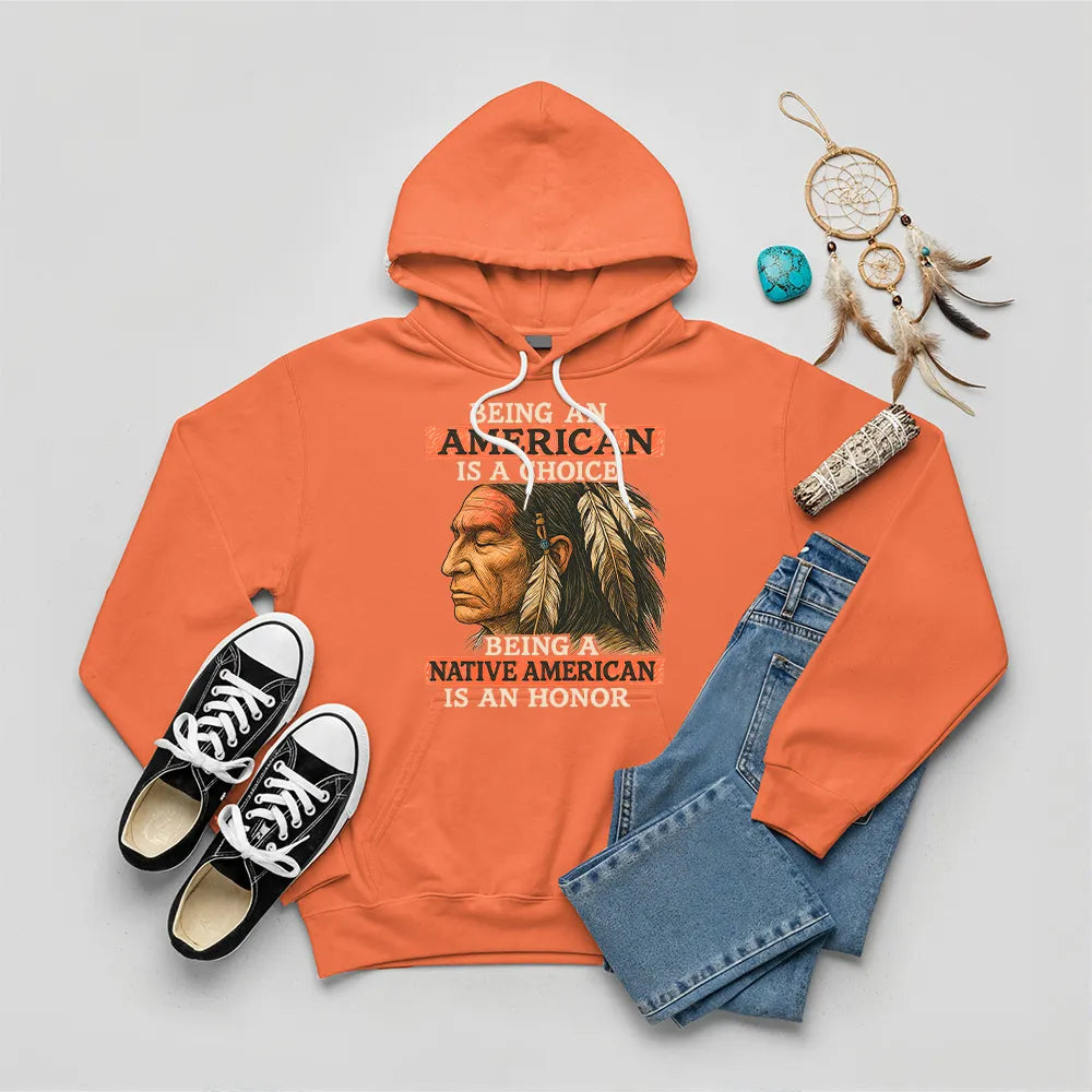 Orange hoodie with bold Native American design, symbolizing strength and empowerment.