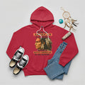 Red hoodie with Native American artwork, symbolizing pride and strength.
