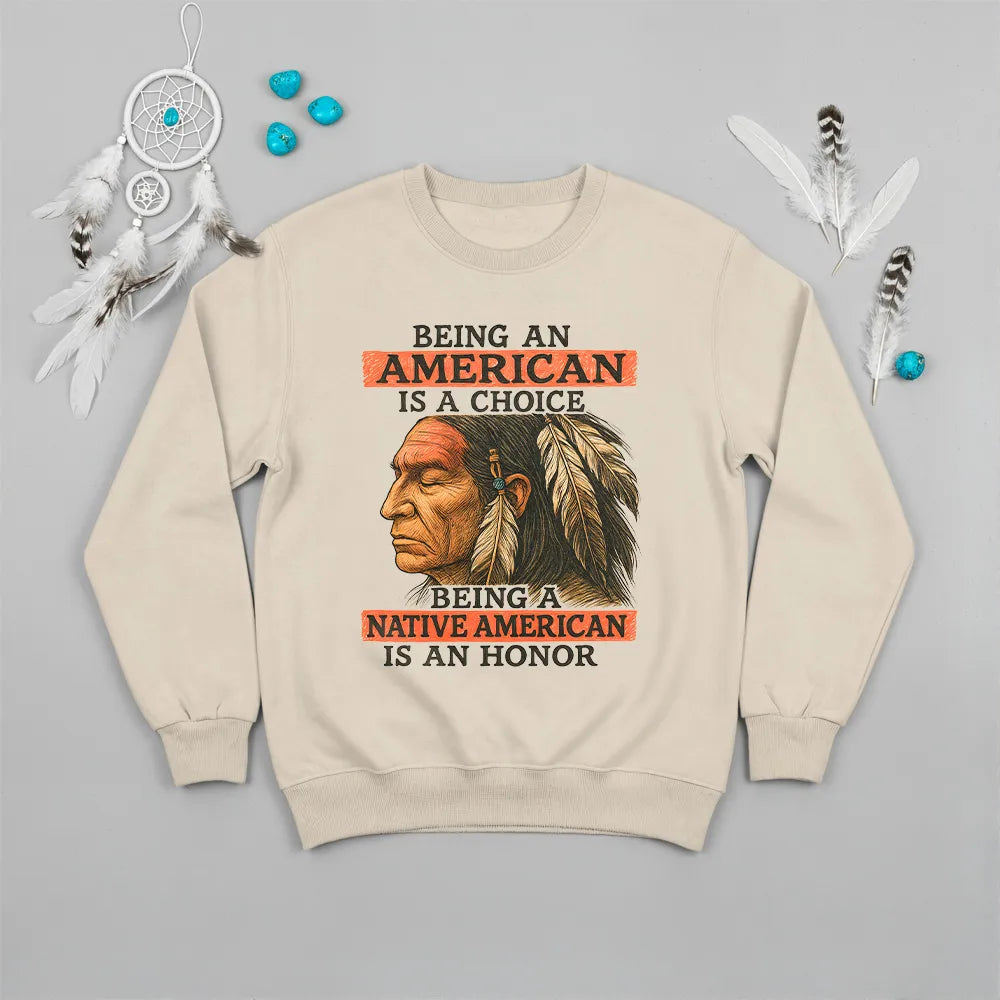 Beige sweatshirt with Native American-inspired design, honoring the strength of heritage.