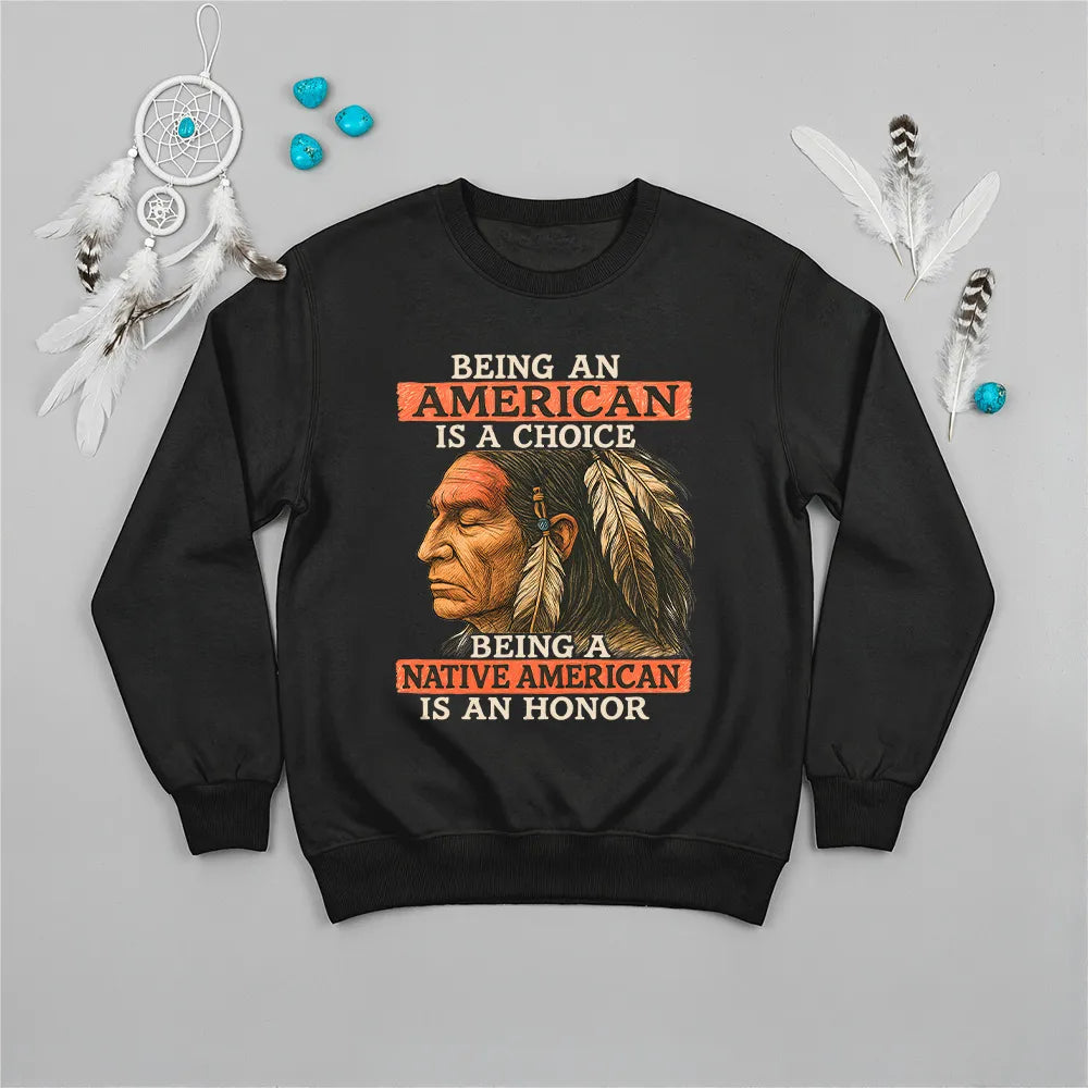 Black sweatshirt with a Native American design, reflecting strength, pride, and choice.
