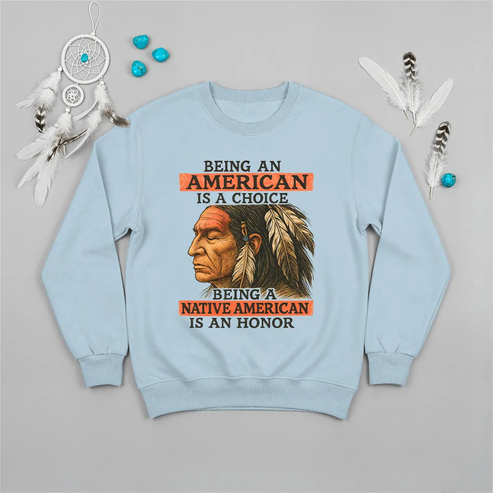 Blue sweatshirt featuring a Native American-inspired design, reflecting heritage and honor.