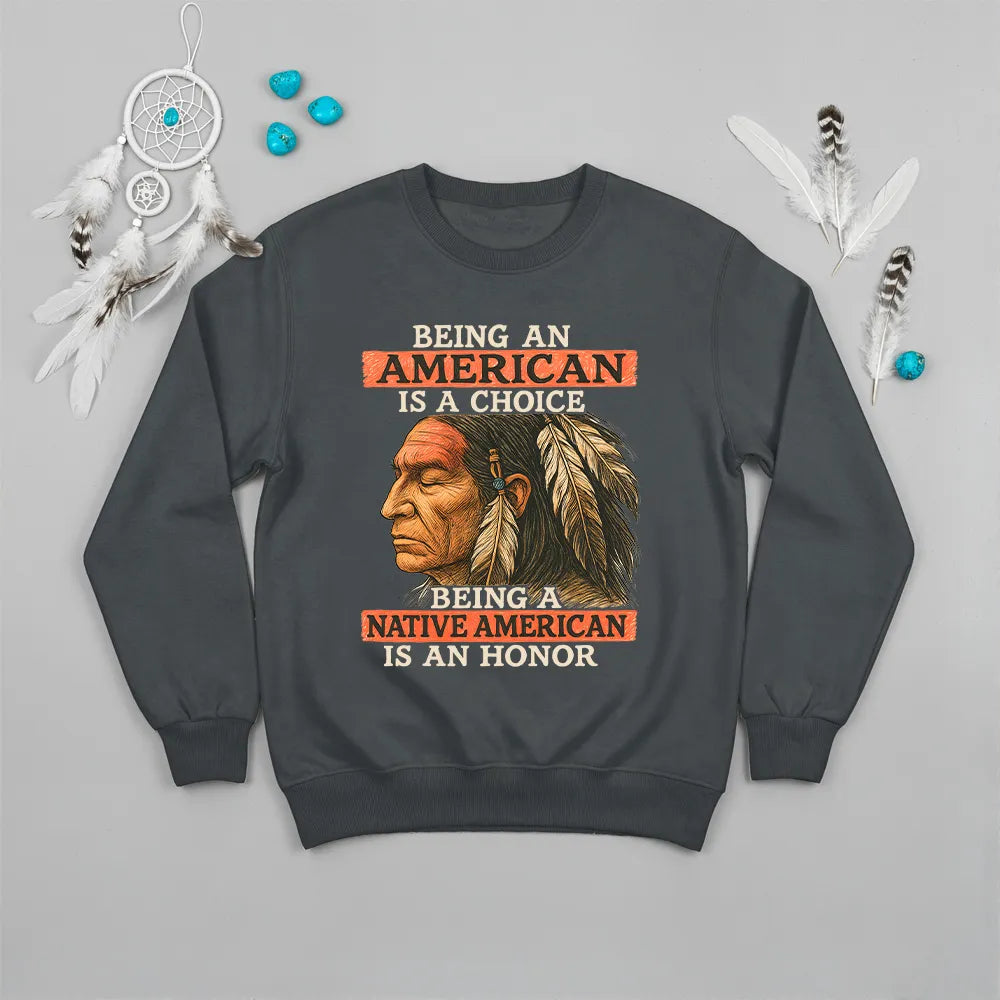 Charcoal sweatshirt featuring Native American design, symbolizing cultural pride and unity.
