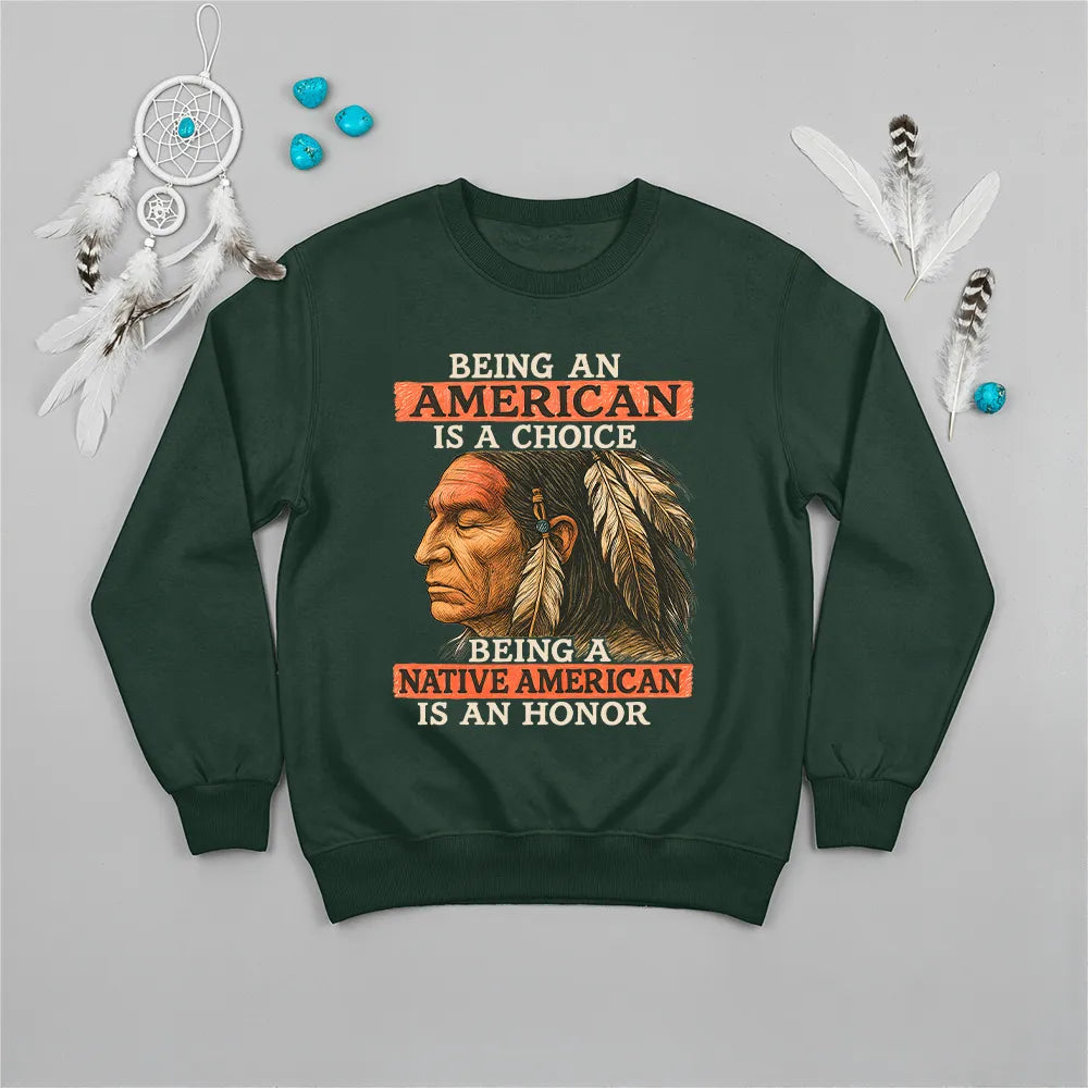 Green sweatshirt with Native American artwork, representing pride, unity, and strength.