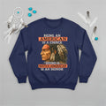 Navy sweatshirt with Native American artwork, representing resilience and cultural pride.