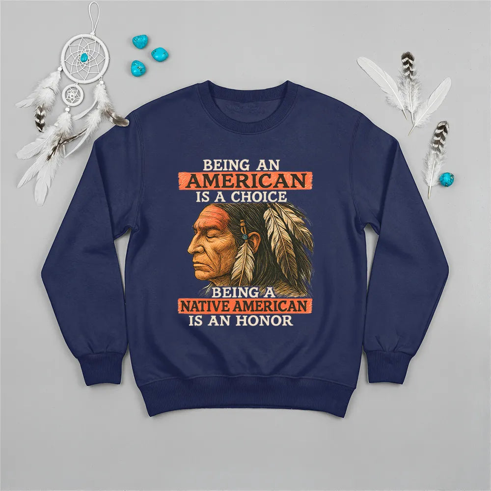 Navy sweatshirt with Native American artwork, representing resilience and cultural pride.
