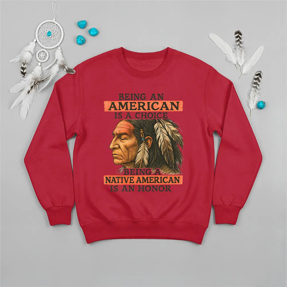 Black sweatshirt with a Native American design, reflecting strength, pride, and choice.