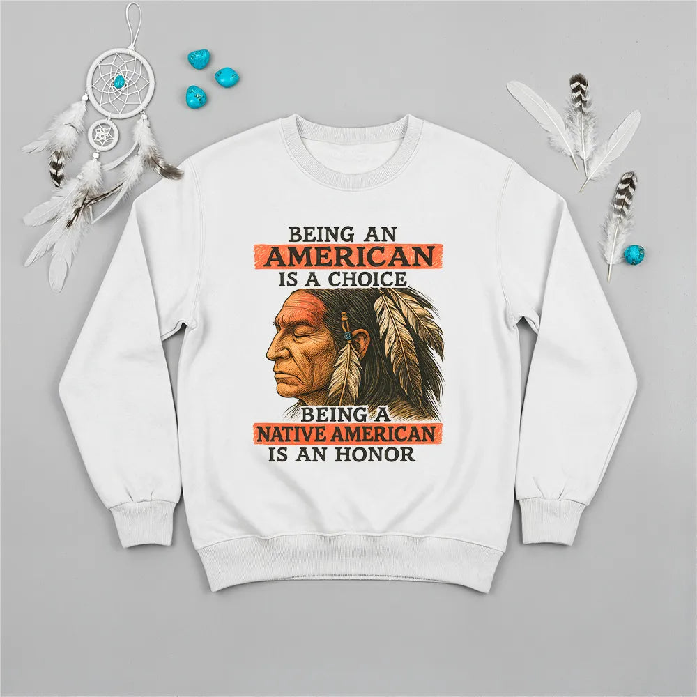 White sweatshirt featuring Native American-inspired design, honoring tradition and heritage.