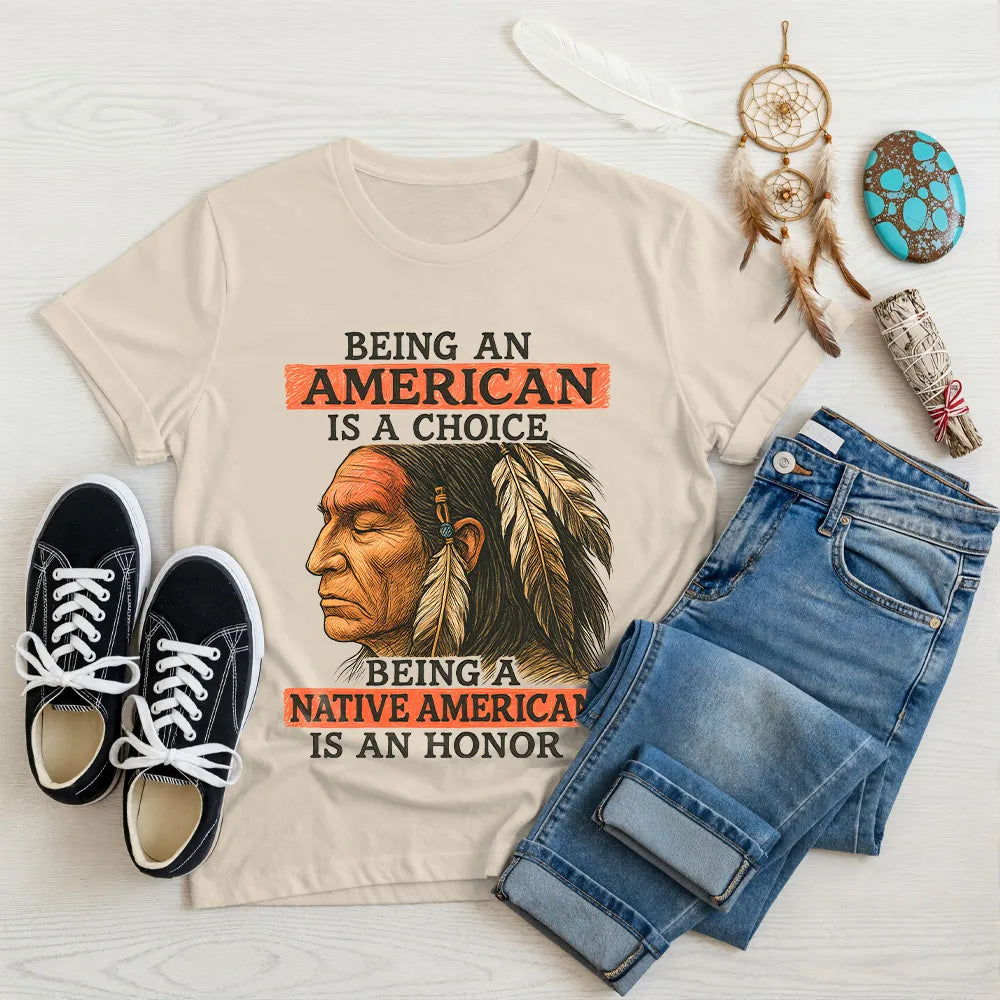 Beige t-shirt with a Native American-inspired design, honoring the strength of heritage.